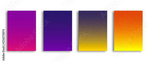 Scientific annual report design vector collection. Halftone stripes texture cover page layout templates set. Report covers graphic design, business brochure pages corporate templates.