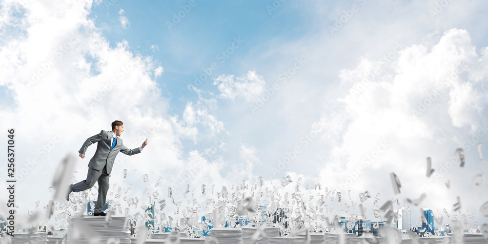 Precise businessman in suit running with phone. Precise businessman in suit running with phone.