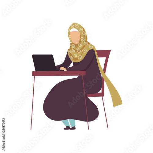 Muslim Woman Sitting at Desk Working with Laptop Computer, Modern Arab Girl in Traditional Clothing Vector Illustration