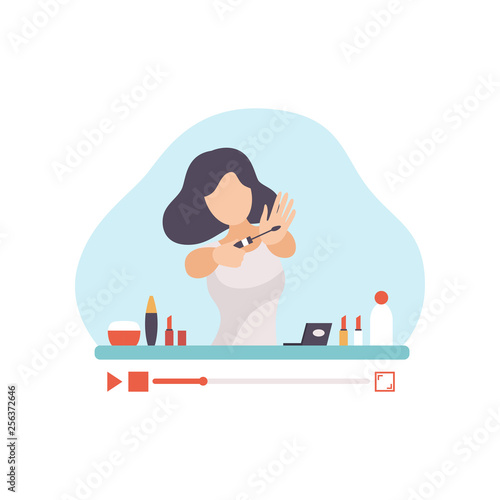 Girl Beauty Blogger Showing Latest Trend Makeup Tutorials, Young Woman Creating Content and Posting It on Social Media, Online Channel Concept, Female Video Streamer Vector Illustration