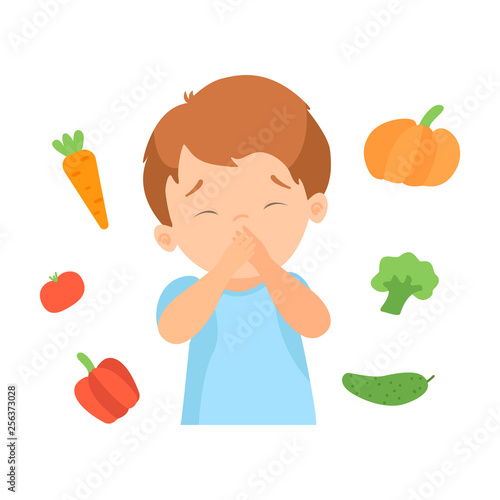 Cute Boy Refusing to Eat Vegetables, Kid Does Not Like Healthy Food Vector Illustration