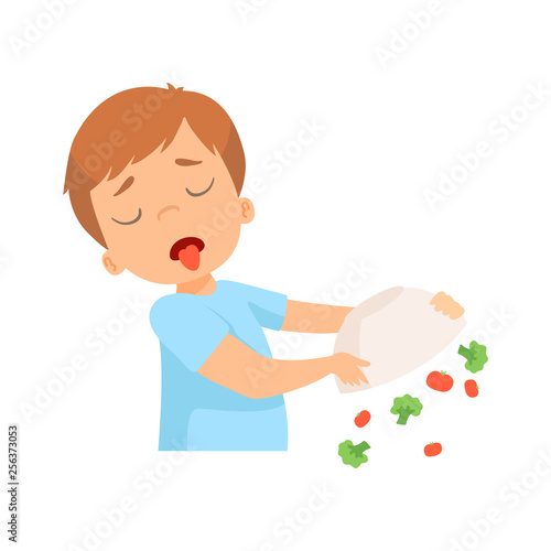 Little Boy Refusing to Eat Vegetables, Kid Does Not Like Healthy Food Vector Illustration