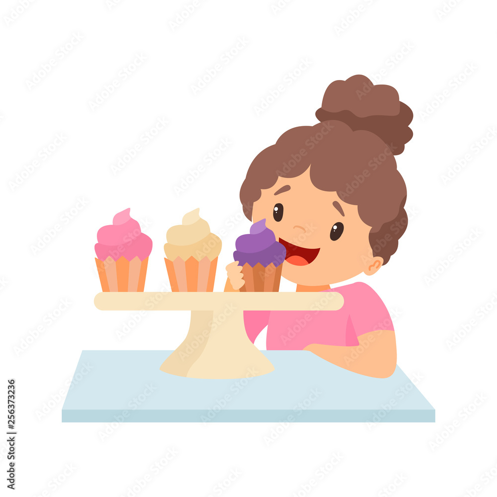 Cute Happy Little Girl Eating Cupcakes Vector Illustration Cute Happy Little Girl Eating Cupcakes Vector Illustration