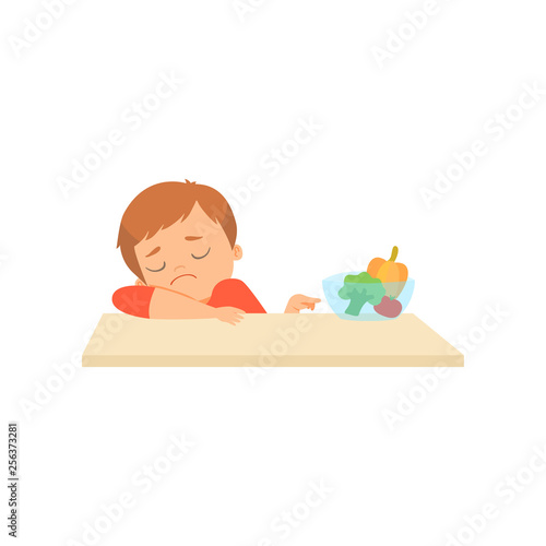 Cute Little Boy Does Not Want to Eat Vegetables, Kid Refusing to Eat Healthy Food Vector Illustration