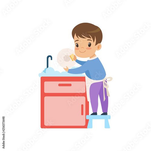 Cute Boy Washing Dishes, Kid Helping With Home Cleanup Vector Illustration