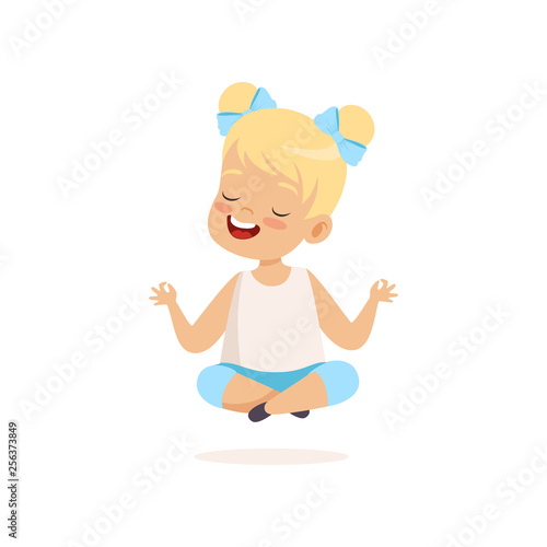 Cute Little Smiling Girl Sitting in Lotus Position and Meditating Vector Illustration