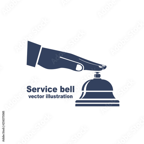 Silhouette male hand pressing service bell. Icon service bell, flat design style. Vector illustration. Customer at reception presses the call button. Black pictogram bell hotel.