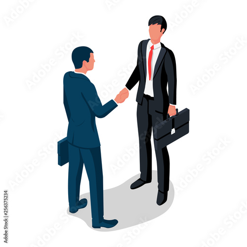 Handshake businessmens isometric. Meeting businesspeople. Two human in suits with briefcase shake hand. Vector illustration 3d design isolated on white background. Professional people. Deal agreement.