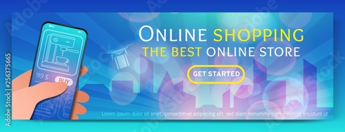 Banner template of Online Shopping and e-commerce.Modern flat design concept of web page design for mobile website.Online payment, customer service and delivery.Vector illustration