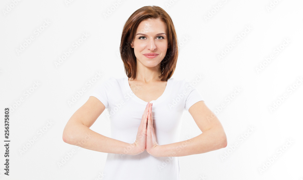 Beautiful girl in namaste pose on white background isolated. Young woman doing sport exercises isolated. Beautiful girl in namaste pose on white background isolated. Young woman doing sport exercises isolated.