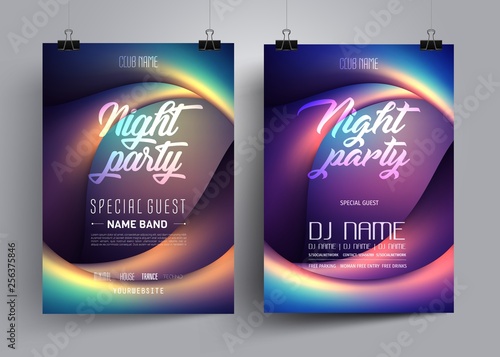 Party flyer or poster  layout  template for Disco Dance Club on the background of colorful waves in the form of eyes. Advertising the invitation for the night musical show or concert for banners.