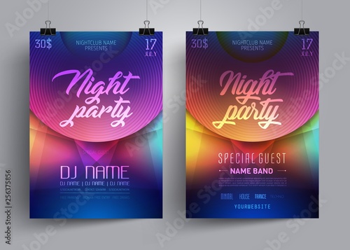   Сохранить Скачать изображение для предпросмотра Party flyer or poster template for Disco Dance Club or Dj on the background of neon lights in a techno style. Advertising the invitation for the night