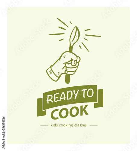 Vector cooking classes logo design template with hand drawn hand, spoon, ribbon icon isolated on light green background. For culinary workshop emblem, online cooking courses, restaurant cooking class.