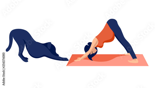 Vector illustration of a sporty beautiful pregnant young woman and her pet dog practicing yoga together, meditating in the pose of a dog face down, Adho Mukha Svanasana on a white background