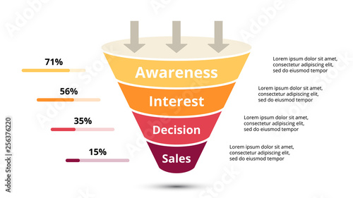 Vector sales funnel with arrows for marketing and startup business. Infographic template. Can be used for presentation slide. 4 steps, parts, options.