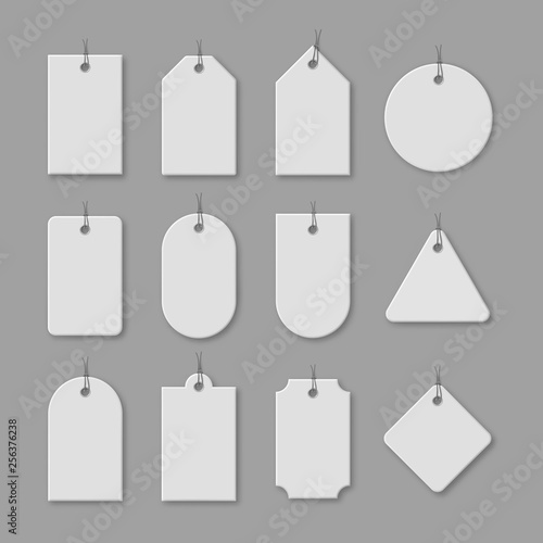 White cardboard price tags with shadow for sale campaign. Different shapes of realistic label templates with space for text isolated on grey background. Promotion and announcement vector illustration.
