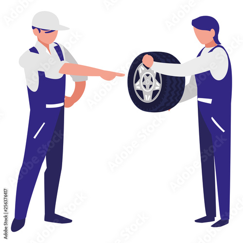 mechanics workers with tire car characters