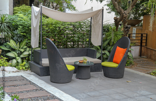 Quadro em tela Rattan garden table and chairs, Dining garden chair outdoor in garden,  Furnitur