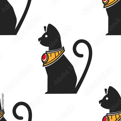 Egyptian cat in gold collar with ruby seamless pattern