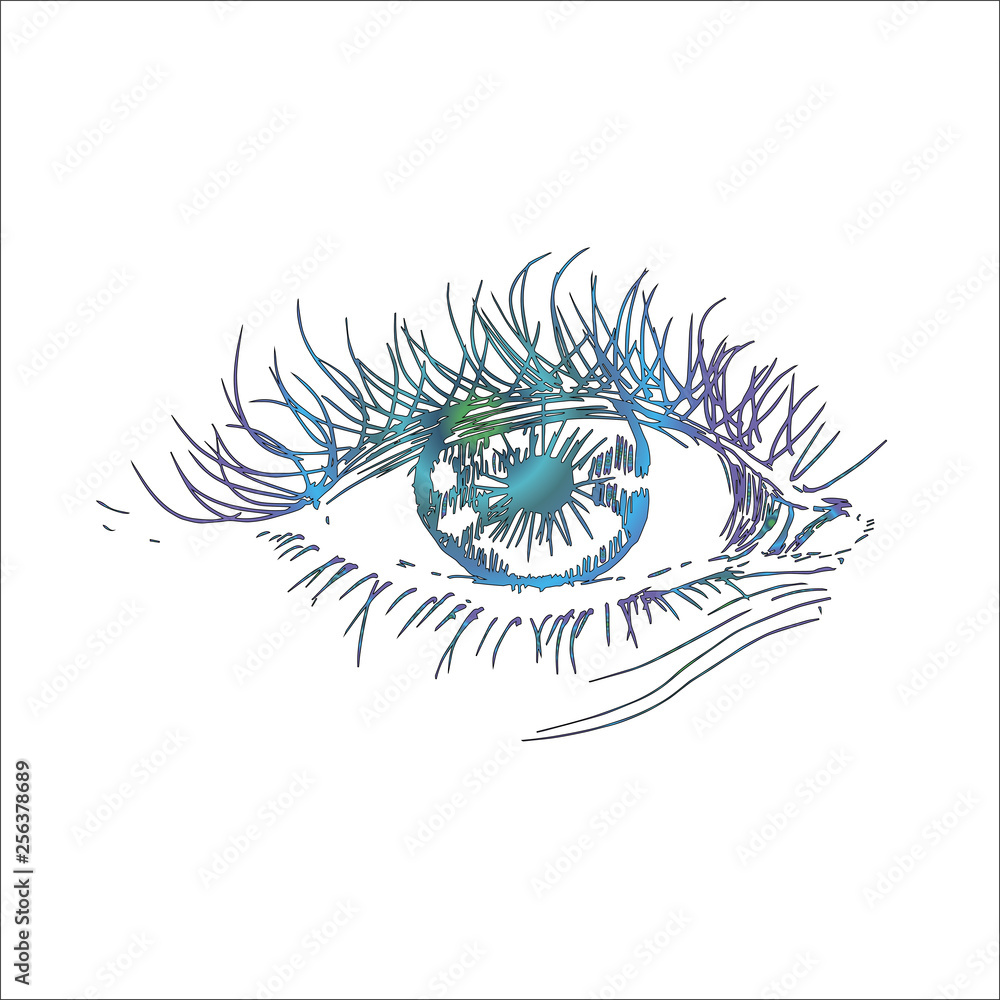 Obraz premium Color neon illustration with eye in the style of hatching. An idea for a tattoo.