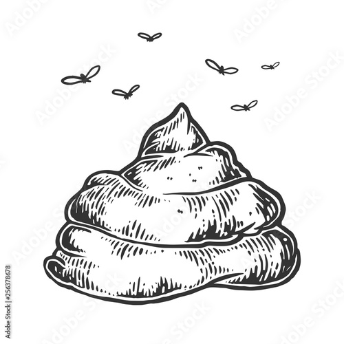 Poop with flies sketch engraving vector illustration. Scratch board style imitation. Hand drawn image.
