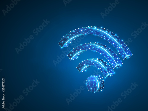 Wireless wi-fi symbol abstract neon 3d illustration. Polygonal Vector business concept of connection, internet, router. Low poly wireframe, geometry triangle, lines, dots, polygons on blue background