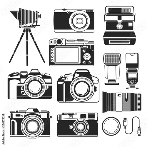 Camera retro and modern digital and vintage flashlight and lenses