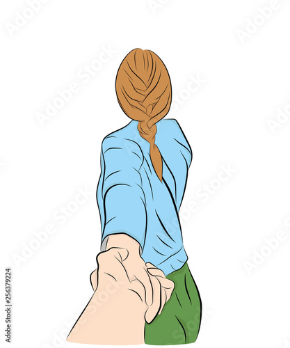 girl leads the guy's hand. take my hand. vector illustration.