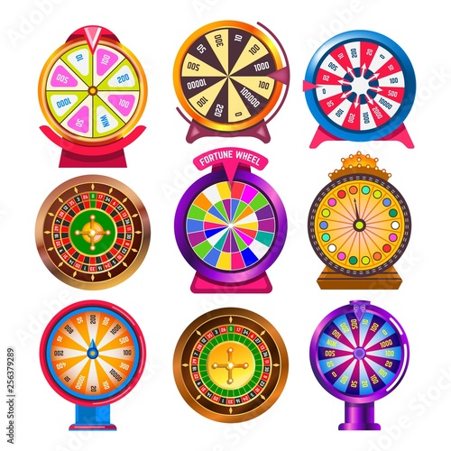 Fortune wheel and casino roulette isolated round gambling items