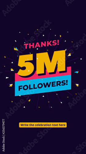 5m followers, one million followers social media post background template. Creative celebration typography design with confetti ornament for online website banner, poster, card.