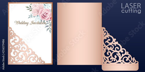 Laser cut wedding invitation card template vector. Wedding pocket envelope or greeting card with lace pattern. Open card with roses. Suitable for greeting cards, invitations, menus. photo