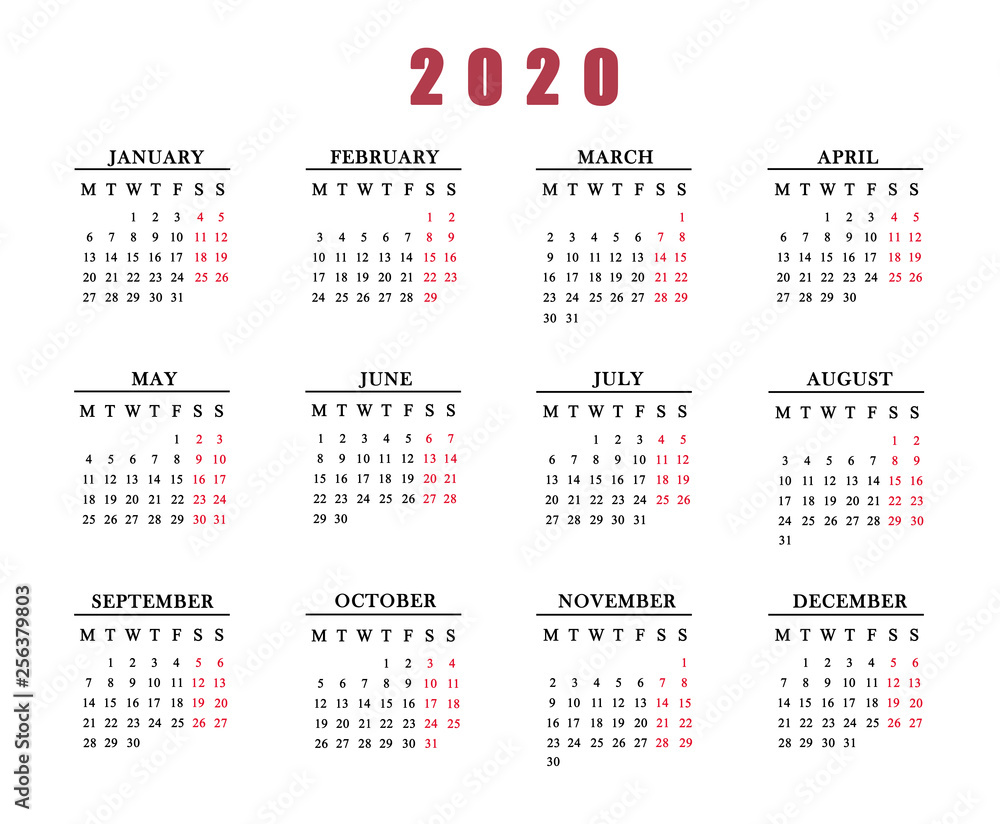 Calendar for 2020 on white background. Calendar for 2020 on white background.