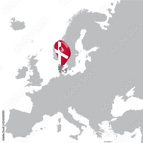 Denmark Location Map on map Europe. 3d Denmark flag map marker location pin. High quality map of Denmark.  Vector illustration EPS10.