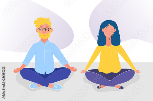 Yoga. A young woman and man are sitting in the lotus position. A woman and man are meditating. Practicing yoga. Vector illustration