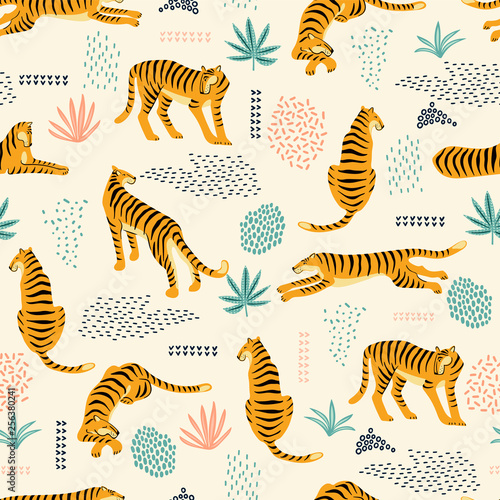 Seamless exotic pattern with tigers and abstract elements.