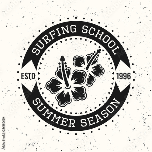 Surfing black vintage emblem with hawaii flowers