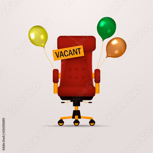 Composition with an office chair with nano balls and a sign vacant. The concept of hiring and recruiting. Vector illustration.