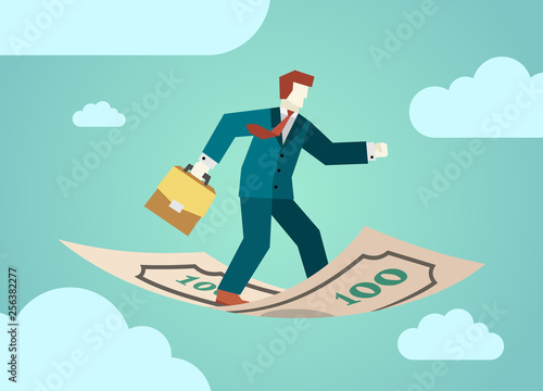 Businessman with diplomat briefcase flies standing on money banknote. Business marketing finance concept. Flat vector illustration