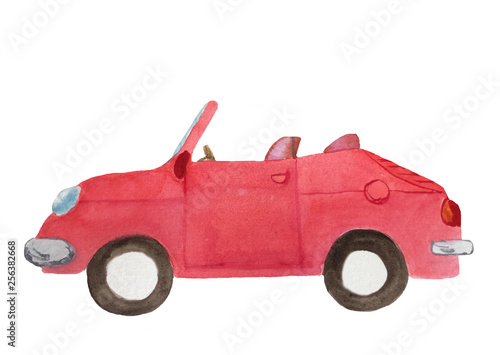 watercolor red cabriolet car with brown wheels, open roof on a white background for the design of cards, invitations, posters