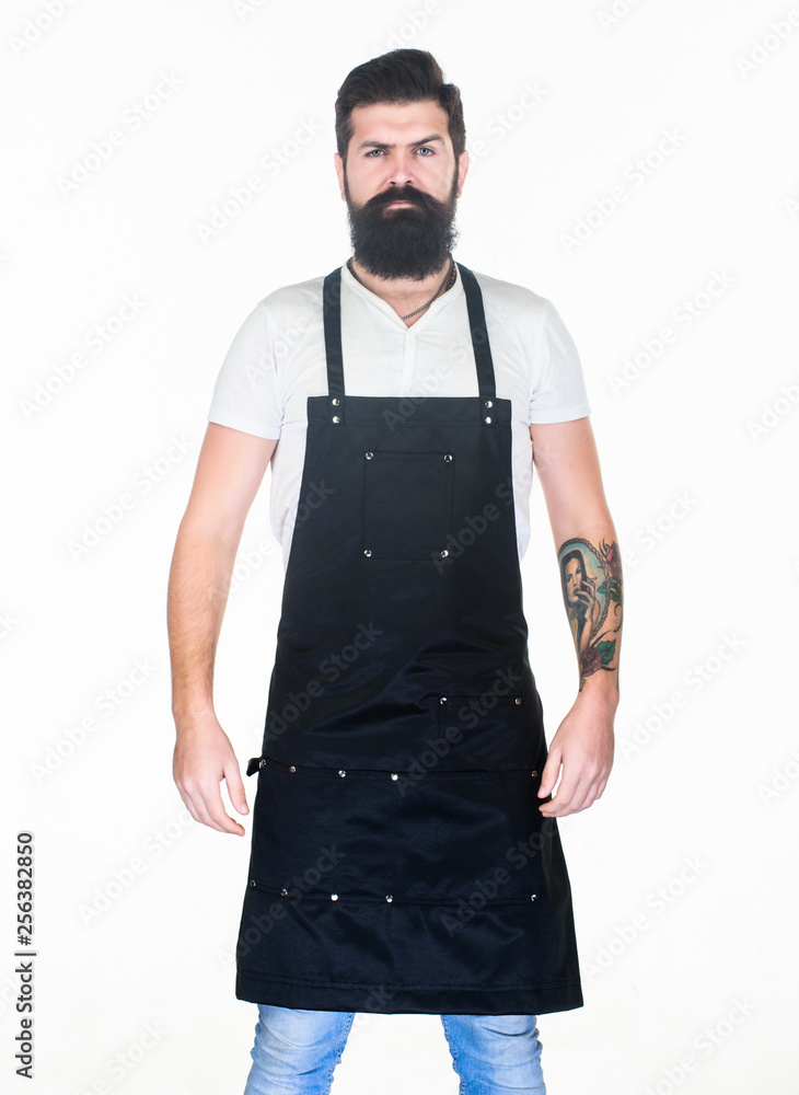 Staying clean and comfortable with chef apron. Bearded man cook in kitchen apron. Cook with long beard wearing bib apron. Master cook in cooking apron with pockets. Grill cook isolated on white Staying clean and comfortable with chef apron. Bearded man cook in kitchen apron. Cook with long beard wearing bib apron. Master cook in cooking apron with pockets. Grill cook isolated on white