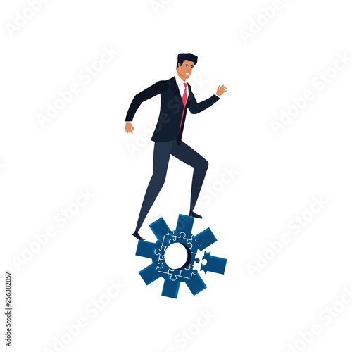 businessman with puzzle pieces in shape pinion