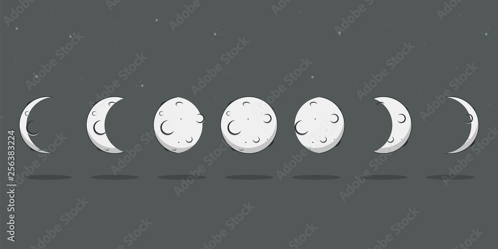 Moon phases vector cartoon flat lunar cycle icons isolated on a starry sky  background. Stock Vector