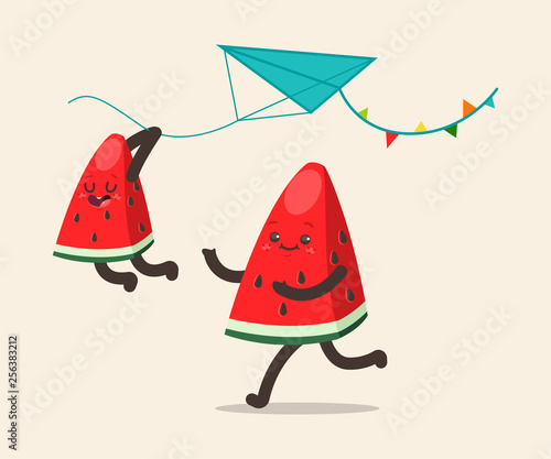Watermelons fly a kite. Father and son fruit spend together rest. Vector cartoon funny characters isolated on background.