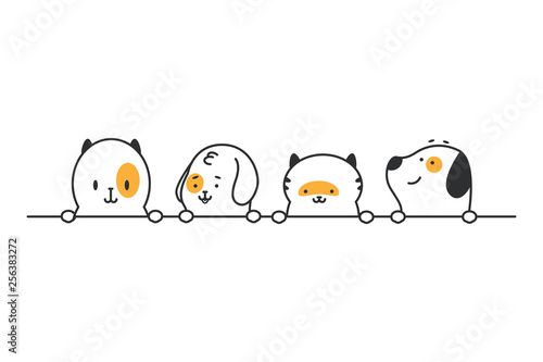Funny cats and dogs heads in a row. Vector cartoon cute pets border isolated on white background.