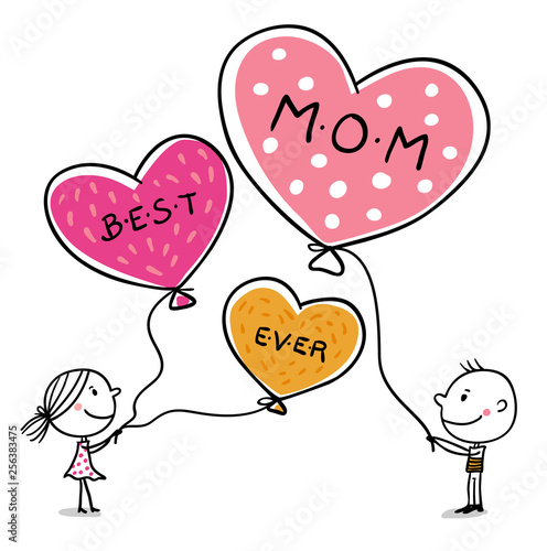 Mädchen und Junge wünschen Best Mom ever auf Luftballons Quadrat