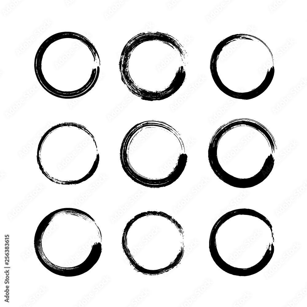 Set of black grunge round shapes isolated on white background. Circle hand drawn frames, logo ink brush strokes. Collection of coffee ring stains or stamps, banners, labels - vector illustration. Set of black grunge round shapes isolated on white background. Circle hand drawn frames, logo ink brush strokes. Collection of coffee ring stains or stamps, banners, labels - vector illustration.