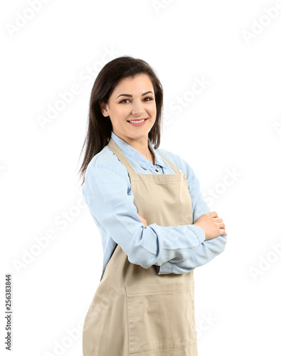 Beautiful female business owner on white background