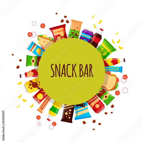 Snack product with circle. Fast food snacks, drinks, nuts, chips, cracker, juice, sandwich for snack bar isolated on white background. Flat illustration in vector