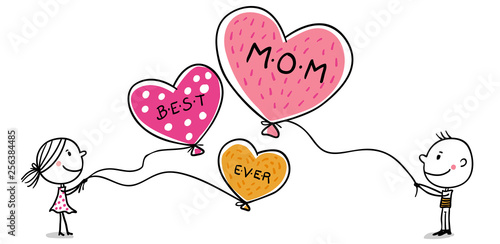 Mädchen und Junge wünschen Best Mom ever auf Luftballons