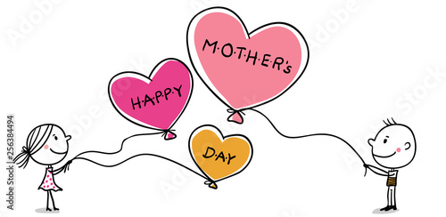 Mädchen und Junge wünschen Happy Mother's Day auf Luftballons